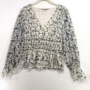 Rebecca Taylor Blouse Women 6 Blue White Floral Silk Long Sleeve Smocked Top